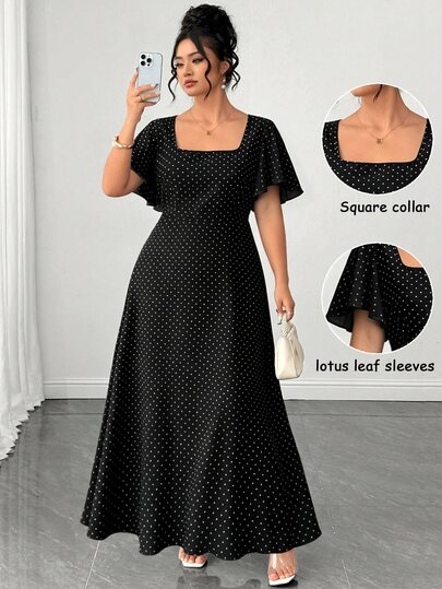 Elenzga Gaun Pesta Panjang Wanita Ukuran Plus Motif Polkadot Vintage Prancis, Leher Persegi, Lengan Berkerut, Pinggang Terikat, Ikat Belakang, Cocok untuk Liburan Musim Semi/Gugur di Pantai, Pakaian Pantai Wanita, Gaun Kencan Romantis, Gaun Tamu Pernikahan Wanita, Gaun Elegan