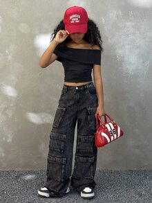 Coolane Kids 青少年女孩夏季纯色露肩修身短款上衣T恤 - 黑色 - 查看 5