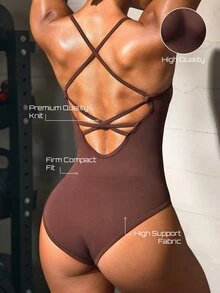 Solea Cove Women's Seamless Backless Jumpsuit With Shoulder Straps, Tight Fit Sports One-Piece - Brown - View 2