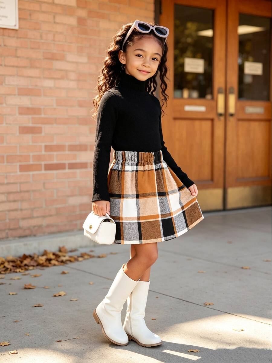 Tween Girl High Neck Tee & Plaid Skirt Without Bag - Multicolor - View 1