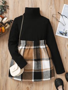 Tween Girl High Neck Tee & Plaid Skirt Without Bag - Multicolor - View 3