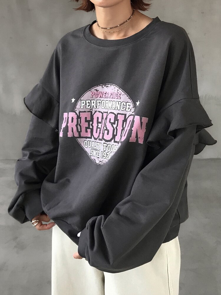FRIFUL Women's Early Autumn New Korean Style Round Neck Long Sleeve Shoulder Ruffle Decor Large Letter Print Pure Cotton Sweatshirt - Grey - View 3