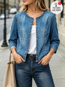 SHEIN LUNE Jaket Pendek Wanita Lengan 3/4 dengan Jahitan Kontras, Jaket Tanpa Kancing Depan Terbuka, Kain Ringan yang Jatuh - Biru - View 7