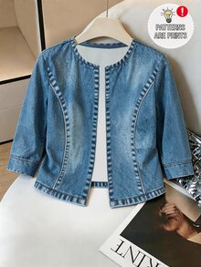 SHEIN LUNE Jaket Pendek Wanita Lengan 3/4 dengan Jahitan Kontras, Jaket Tanpa Kancing Depan Terbuka, Kain Ringan yang Jatuh - Biru - View 8