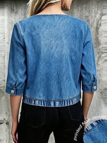 SHEIN LUNE Jaket Pendek Wanita Lengan 3/4 dengan Jahitan Kontras, Jaket Tanpa Kancing Depan Terbuka, Kain Ringan yang Jatuh - Biru - View 3