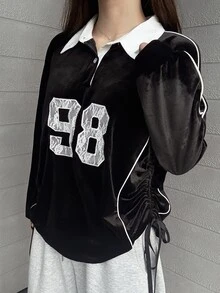 FRIFUL Sweatshirt Longgar Wanita Gaya Korea Baru untuk Awal Musim Gugur, Bahan Beludru dengan Kerah dan Aplikasi Renda Digital serta Garis Kontras - Hitam - View 2