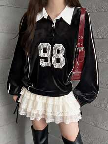 FRIFUL Sweatshirt Longgar Wanita Gaya Korea Baru untuk Awal Musim Gugur, Bahan Beludru dengan Kerah dan Aplikasi Renda Digital serta Garis Kontras - Hitam - View 8
