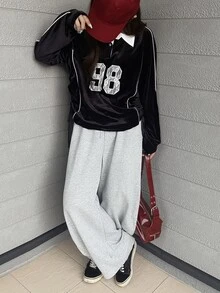 FRIFUL Sweatshirt Longgar Wanita Gaya Korea Baru untuk Awal Musim Gugur, Bahan Beludru dengan Kerah dan Aplikasi Renda Digital serta Garis Kontras - Hitam - View 3