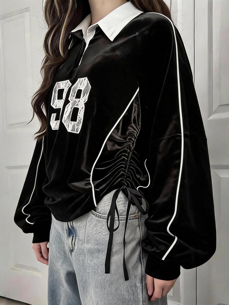 FRIFUL Sweatshirt Longgar Wanita Gaya Korea Baru untuk Awal Musim Gugur, Bahan Beludru dengan Kerah dan Aplikasi Renda Digital serta Garis Kontras - Hitam - View 1