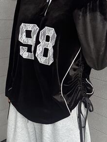 FRIFUL Sweatshirt Longgar Wanita Gaya Korea Baru untuk Awal Musim Gugur, Bahan Beludru dengan Kerah dan Aplikasi Renda Digital serta Garis Kontras - Hitam - View 7