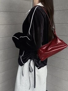FRIFUL Sweatshirt Longgar Wanita Gaya Korea Baru untuk Awal Musim Gugur, Bahan Beludru dengan Kerah dan Aplikasi Renda Digital serta Garis Kontras - Hitam - View 6