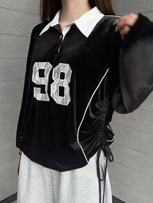 FRIFUL Sweatshirt Longgar Wanita Gaya Korea Baru untuk Awal Musim Gugur, Bahan Beludru dengan Kerah dan Aplikasi Renda Digital serta Garis Kontras - Hitam - View 5