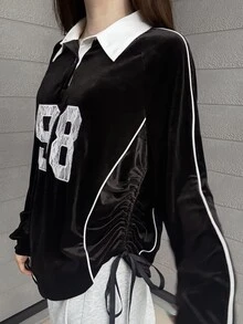 FRIFUL Sweatshirt Longgar Wanita Gaya Korea Baru untuk Awal Musim Gugur, Bahan Beludru dengan Kerah dan Aplikasi Renda Digital serta Garis Kontras - Hitam - View 4