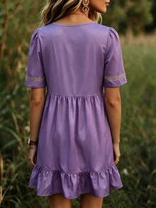 SHEIN Women's Summer New Light Blue Floral Colorblock Print Puff Sleeve Short Sleeve V-Neck Ruffle Hem Loose Short Dress Picnic Vacation Boho - Purple - View 2