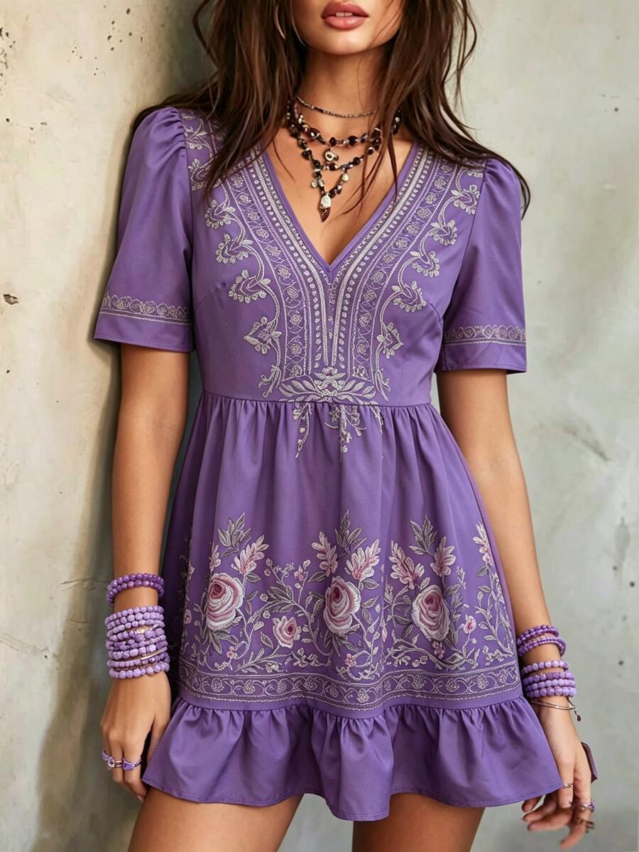 SHEIN Women's Summer New Light Blue Floral Colorblock Print Puff Sleeve Short Sleeve V-Neck Ruffle Hem Loose Short Dress Picnic Vacation Boho - Purple - View 1