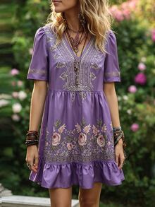 SHEIN Women's Summer New Light Blue Floral Colorblock Print Puff Sleeve Short Sleeve V-Neck Ruffle Hem Loose Short Dress Picnic Vacation Boho - Purple - View 3