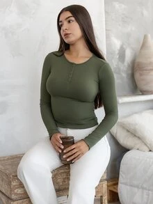 Andrea Bello Half Button Ribbed Knit Tee,Fall Clothes Preppy Tops Long Sleeve Women Tops - Army Green - View 1