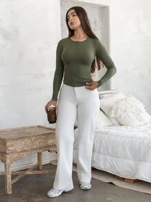 Andrea Bello Half Button Ribbed Knit Tee,Fall Clothes Preppy Tops Long Sleeve Women Tops - Army Green - View 3