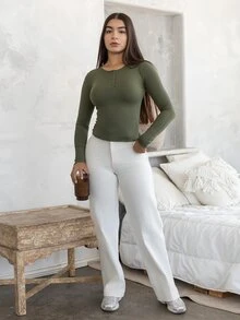 Andrea Bello Half Button Ribbed Knit Tee,Fall Clothes Preppy Tops Long Sleeve Women Tops - Army Green - View 4