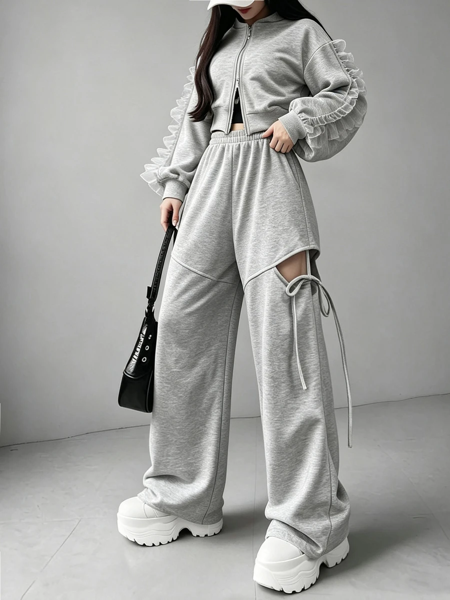 FRIFUL Women's Early Autumn New Korean Style Top And Pants 2-Piece Set With Contrast Mesh, Ruffle Hem, Side Seam Hollow Out And Drawstring Tie - Grey - View 1