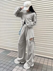 FRIFUL Women's Early Autumn New Korean Style Top And Pants 2-Piece Set With Contrast Mesh, Ruffle Hem, Side Seam Hollow Out And Drawstring Tie - Grey - View 3