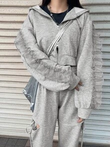 FRIFUL Women's Early Autumn New Korean Style Top And Pants 2-Piece Set With Contrast Mesh, Ruffle Hem, Side Seam Hollow Out And Drawstring Tie - Grey - View 7