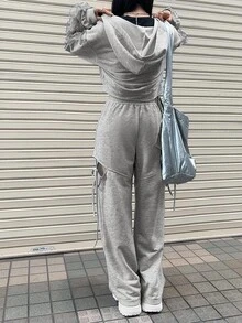 FRIFUL Women's Early Autumn New Korean Style Top And Pants 2-Piece Set With Contrast Mesh, Ruffle Hem, Side Seam Hollow Out And Drawstring Tie - Grey - View 2