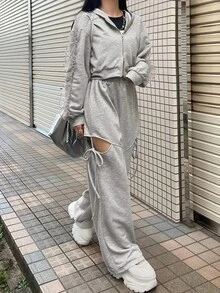 FRIFUL Women's Early Autumn New Korean Style Top And Pants 2-Piece Set With Contrast Mesh, Ruffle Hem, Side Seam Hollow Out And Drawstring Tie - Grey - View 5