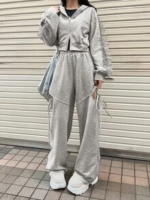 FRIFUL Women's Early Autumn New Korean Style Top And Pants 2-Piece Set With Contrast Mesh, Ruffle Hem, Side Seam Hollow Out And Drawstring Tie - Grey - View 4