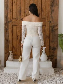 Andrea Bello Camiseta Minimalista de Manga Longa com Ombros à Mostra para Mulheres, Uso Casual Diário - Branco - Visão 2