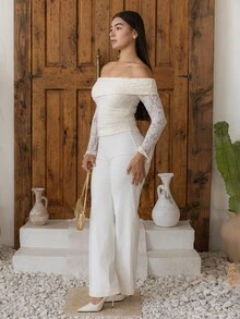 Andrea Bello Camiseta Minimalista de Manga Longa com Ombros à Mostra para Mulheres, Uso Casual Diário - Branco - Visão 5
