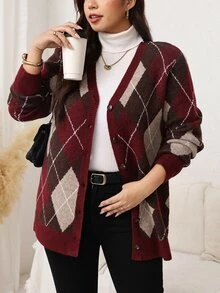 Easowa Curve Plus Size Women's Solid Color Fall Black Sweater Cardigan With Pockets Holiday Outfit - Multicolor - View 8