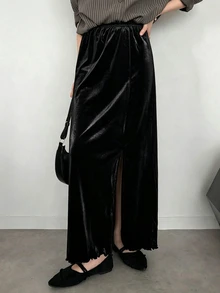 FRIFUL Women's Early Autumn New Korean Style Velvet Fabric Straight Long Skirt With Side Slit - Black - View 7