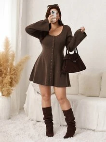 SHEIN LUNE Plus Size Autumn Casual Solid Color Front Button Knit Dress - Coffee Brown - View 5