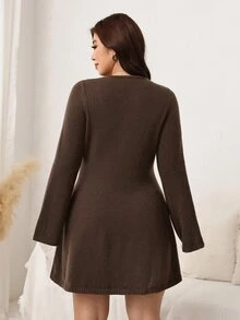 SHEIN LUNE Plus Size Autumn Casual Solid Color Front Button Knit Dress - Coffee Brown - View 2
