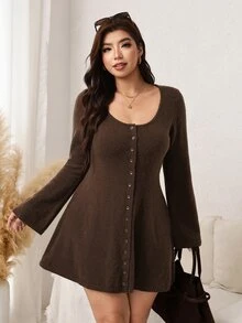 SHEIN LUNE Plus Size Autumn Casual Solid Color Front Button Knit Dress - Coffee Brown - View 4