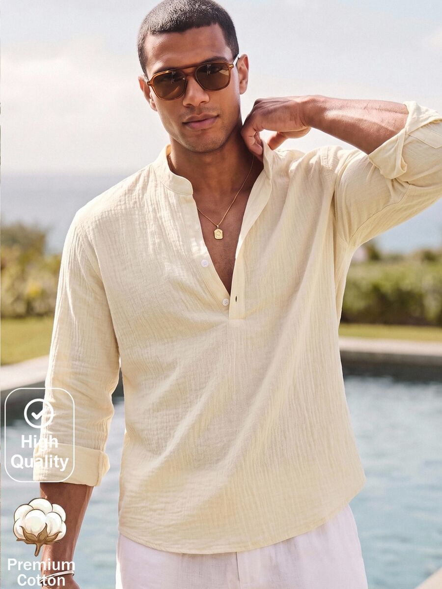 HIMLAND Men's Solid Color Notch V-Neck Long Sleeve Casual Tropical Shirt Vacation White Autumn - Light Yellow - View 1