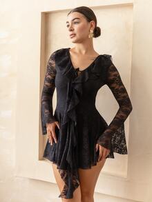 Andrea Bello Women's Black Lace Patchwork Deep V-Neck Tie Front Long Sleeve Mini Dress,Elegant Goth Winter Outfits For Date Night Out,Cocktail Party Formal Dress - Black - View 6