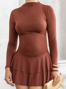 Andrea Bello Women's Red Long Sleeve High Neck Ruched Waist Vintage Dress, Autumn/Winter ,Petite Women - Brown - View 3