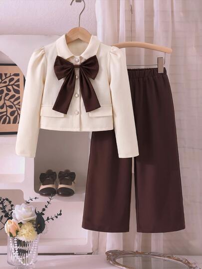 Tween Girl Autumn Exquisite 2-Piece Set, Bow Decor Lapel Petal Sleeve Cropped Button-Up Top With Coffee Brown Wide Leg Pants, Suitable For Daily Wear, School, Party And Autumn Outing