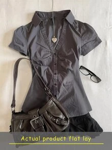 IslaSuriya Kemeja Kasual Wanita Lengan Pendek Kancing Tunggal Warna Polos - Grey - View 3