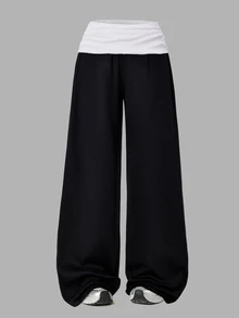 SHEIN Teen Girls Casual All-Match Versatile Daily Home School Wide Waist Straight Leg Sweatpants 2pcs/Set Autumn/Winter - Black and White - View 4