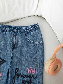 SHEIN Young Girl Knitted Fitted Casual Flare Pants - Blue - View 5