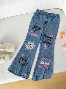 SHEIN Young Girl Knitted Fitted Casual Flare Pants - Blue - View 3