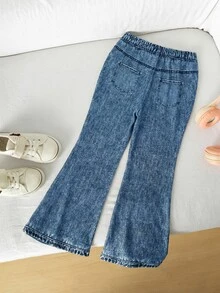 SHEIN Young Girl Knitted Fitted Casual Flare Pants - Blue - View 4