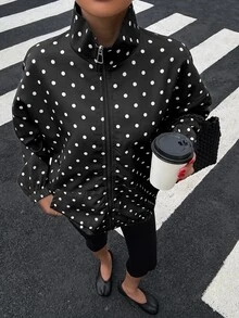 Muchica 女款黑白波點編織拉鍊前開夾克，日常穿著，秋季復古休閒 - 黑與白 - 查看 5