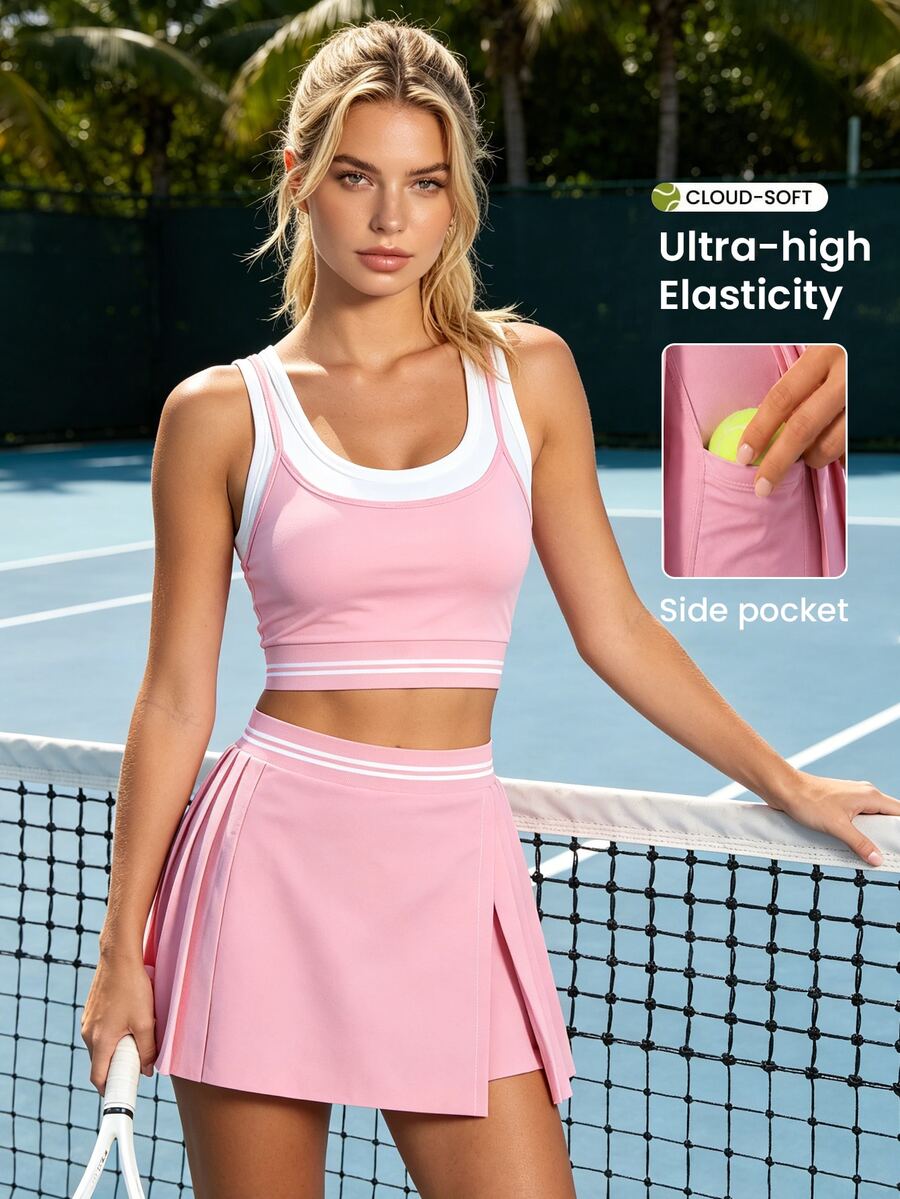 CourtClass CourtClass Women Tennis Set Sports Bra Top High Waist Skort Shorts Workout Activewear Summer Outfit - Pink - View 1