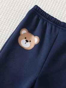 SHEIN 男嬰卡通熊圖案針織軟綿圓領長袖套頭帽帽衛衣與彈性腰收口褲 2 件套，3D 熊印花，加厚保暖內裡 - 藍色 - 查看 7