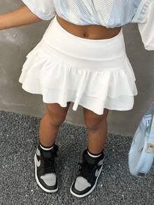 Coolane Kids 青少年女孩夏季街头服饰 Y2K 热带度假风天鹅绒可爱荷叶边多层迷你裙 - 白色 - 查看 3