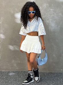 Coolane Kids 青少年女孩夏季街头服饰 Y2K 热带度假风天鹅绒可爱荷叶边多层迷你裙 - 白色 - 查看 7